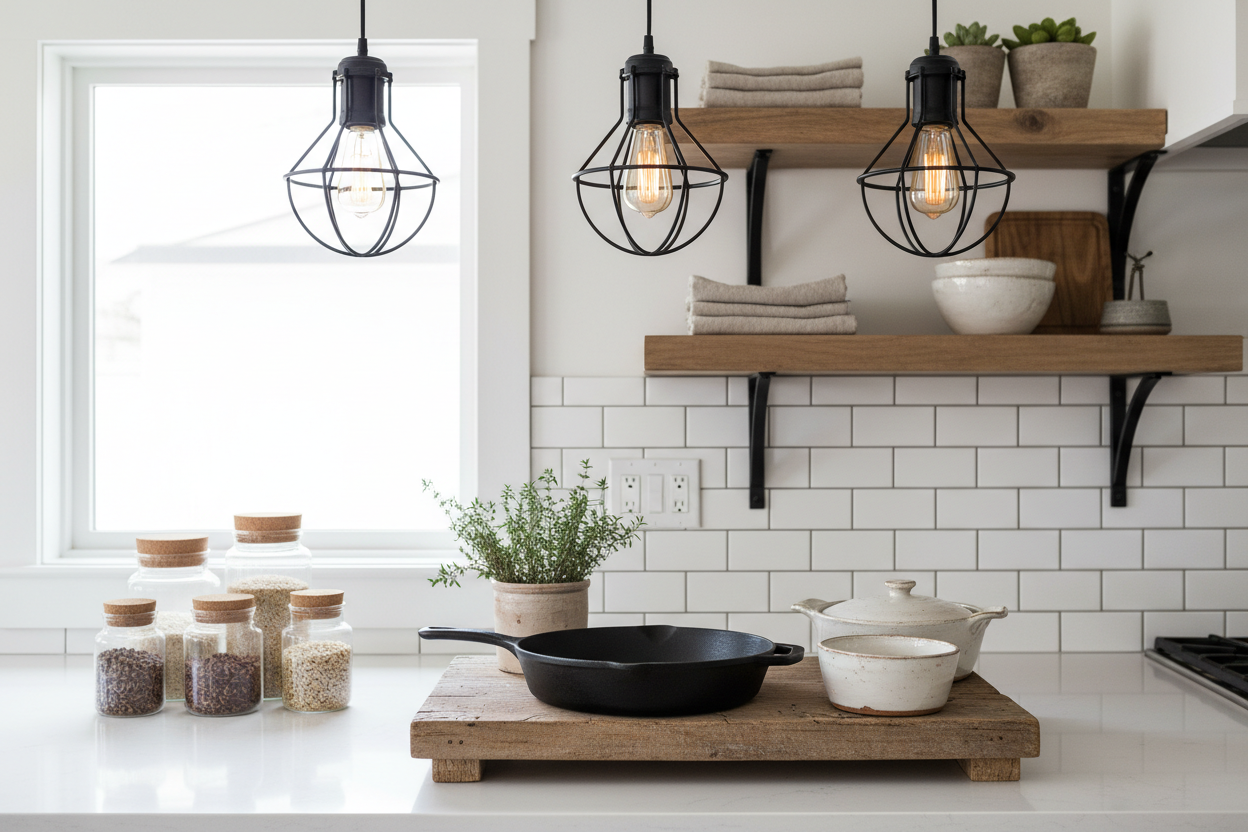 Urban farmhouse kitchen with cookware